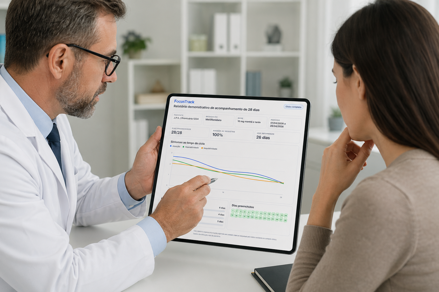 Médico apresentando um relatório FocusTrack em tablet durante consulta
